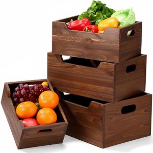 4 x Chunful 4 Pack Wood Crates Nesting Storage Baskets Decorative Farmhouse Wooden Organizer Crates Boxes with Open Front and Handle Rustic Nesting Baskets for Fruit Vegetable Kitchen Bathroom