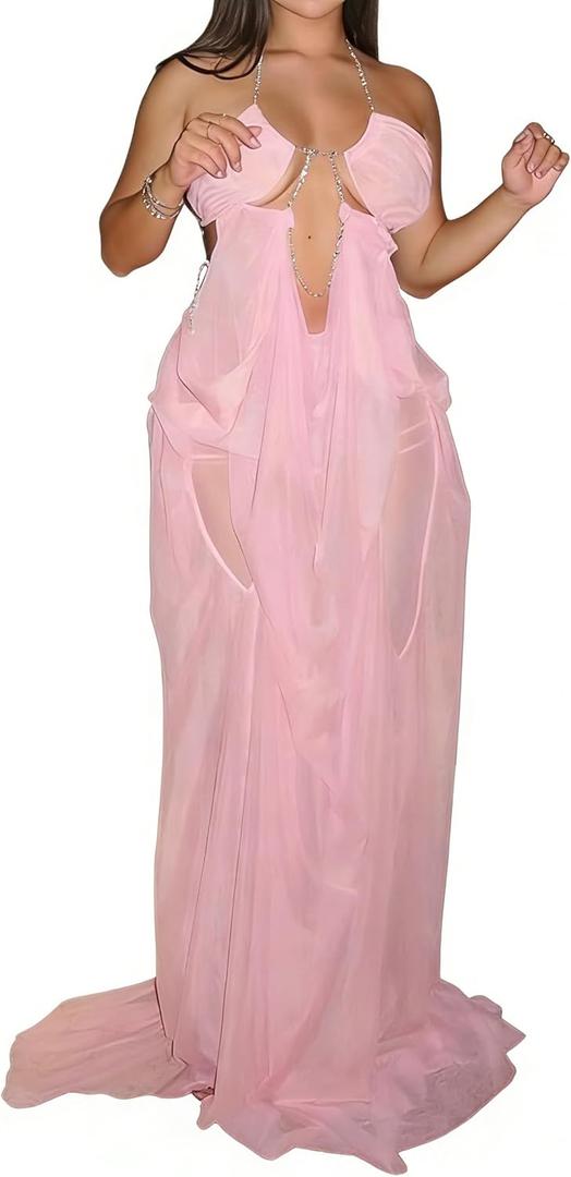 cu4eve Vacation Dresses for Women Summer Sexy Halter Sheer Mesh Backless Flowy Cut Out Long Maxi Beach Dress Sundress Party, Large