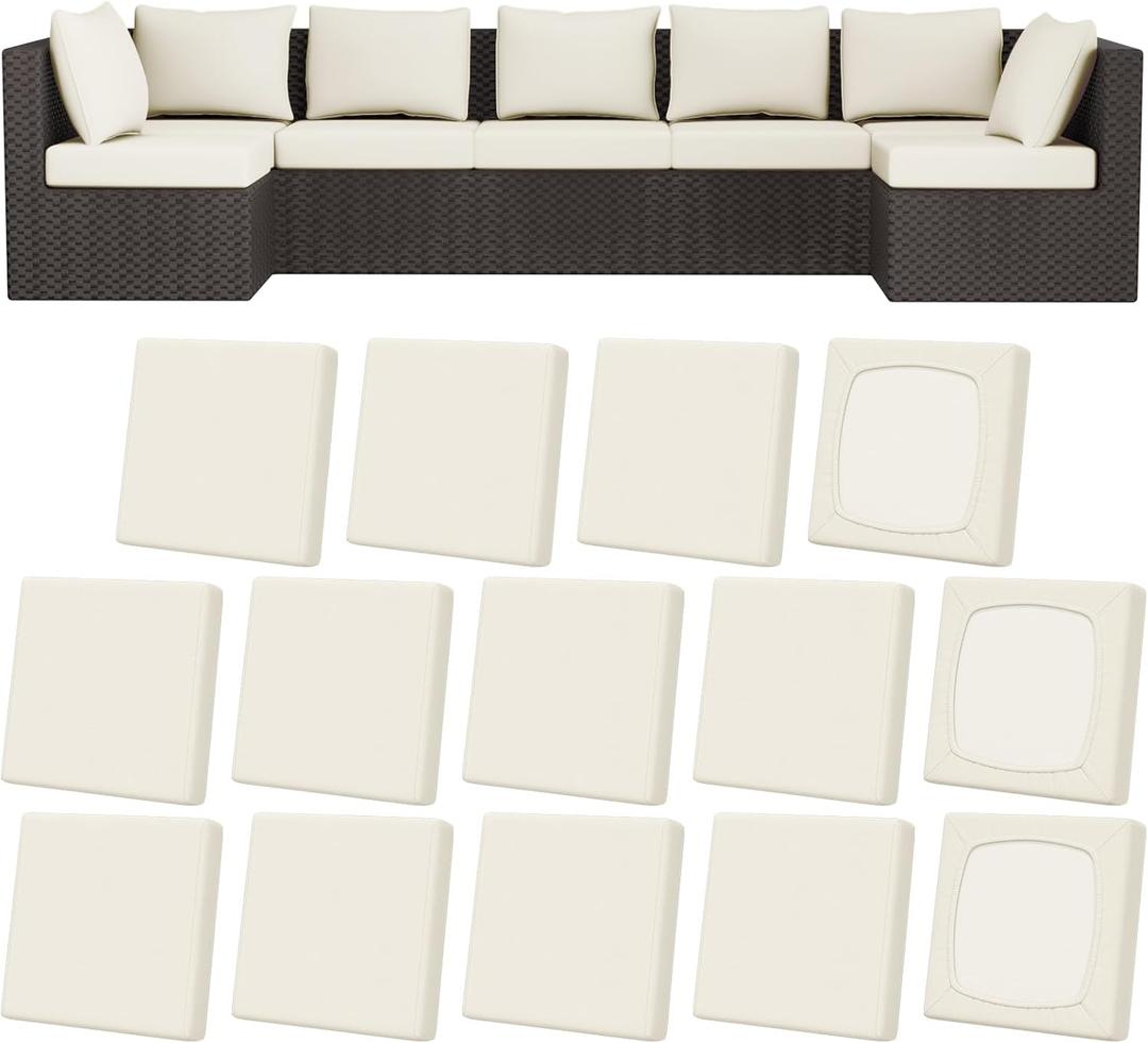 14Pcs Patio Stretch Cushion Covers, Outdoor Couch & Sofa Replacement Slipcovers for Patio Furniture Cushion Covers, Washable Reusable Furniture Protector, Square Large, Beige