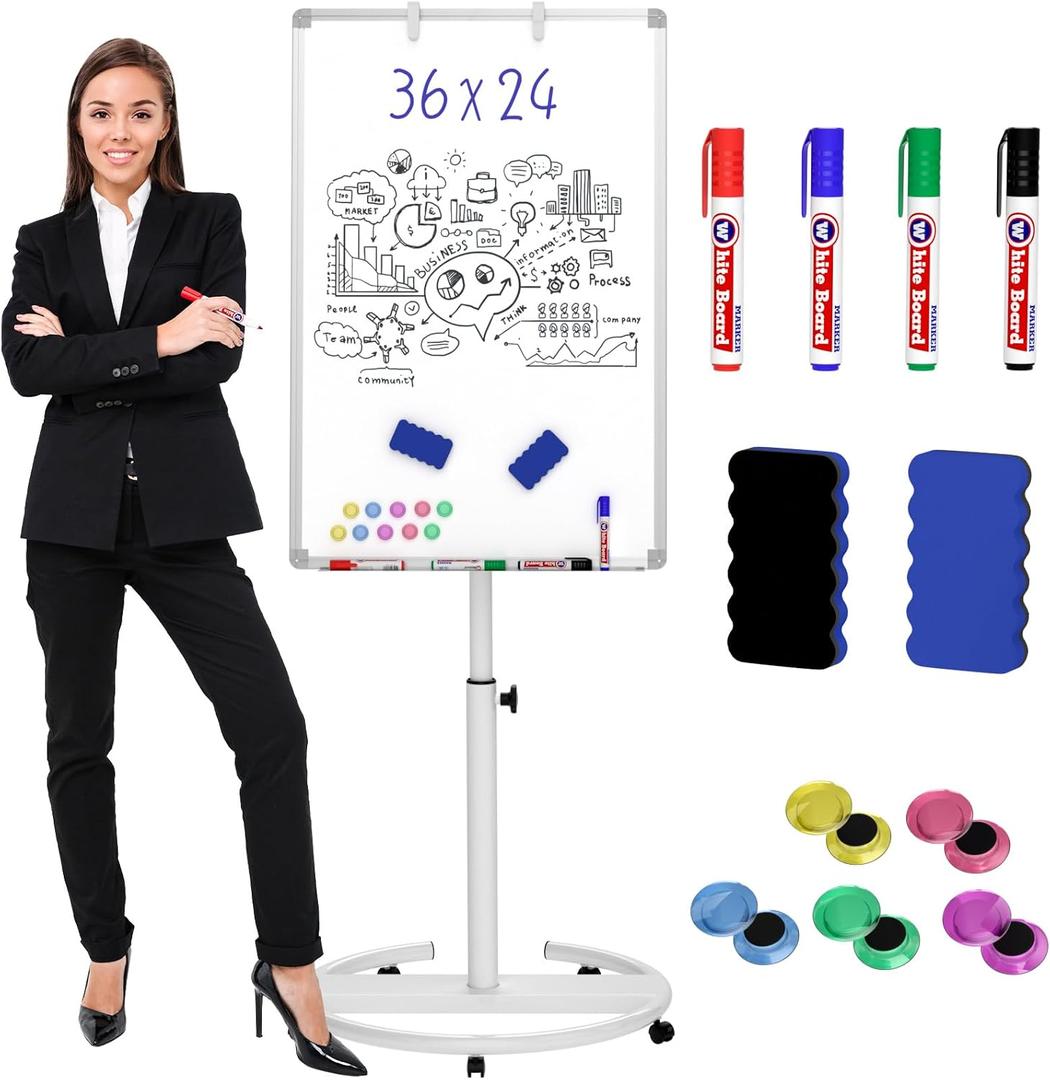 Nicpro Mobile Whiteboard 36"x 24" Magnetic Dry Erase Board, Height Standing