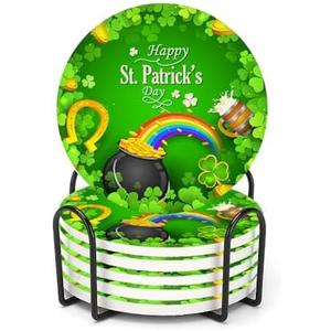 Drink Coasters for Drinks Set of 6, St Patricks Day with Clover Leaf Rainbow Absorbent Round Ceramic Stone Mat Coaster, with Cork Base and Metal Holder, Home Bar Decor House Warming Gift