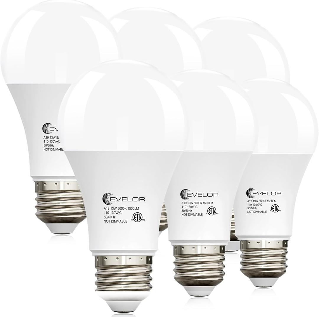 evelor A19 LED Light Bulbs,100 Watt Equivalent Daylight 5000K Efficient 13W,1500 Lumens E26 Base, Non-Dimmable, 15000-Hour Lifespan for Bedroom, Living Room, Office, 6-Packs