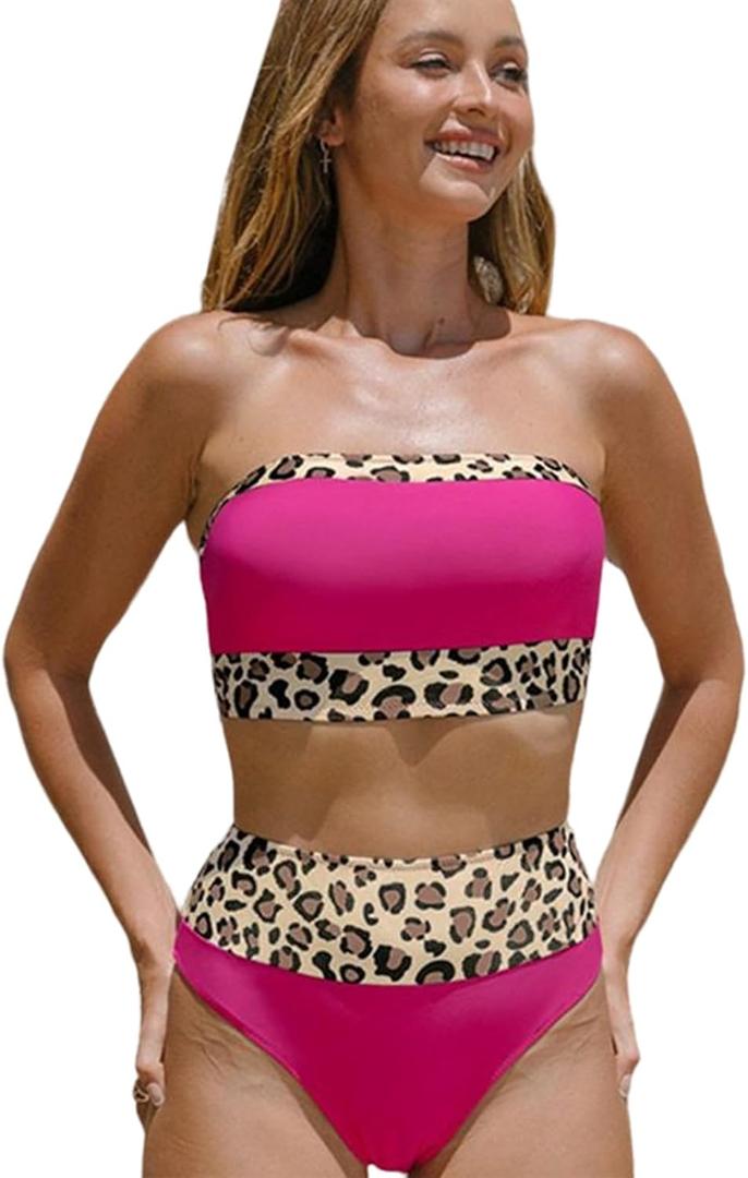 Two Pieces Swimsuits for Women Tummy-Control Bathing Suit Patchwork Leopar High Set Beachwear