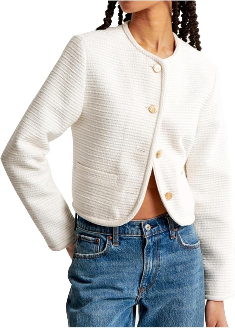 Women's Tweed Jackets Long Sleeve Crew Neck Button Down Cropped Jacket Coat with Pockets (Black, L)