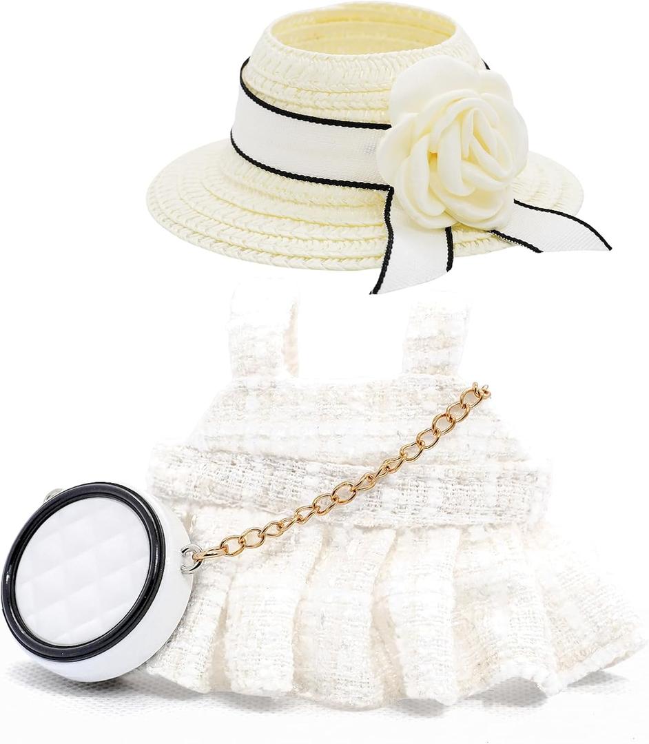 Clothes for 17cm Dolls, Luxury Chic Style Set High-End Fashion Outfit 3 Piece Set Including a Hat,Clothes and Bag with Premium Dolls Accessories for Play & Display (White) - No Logo