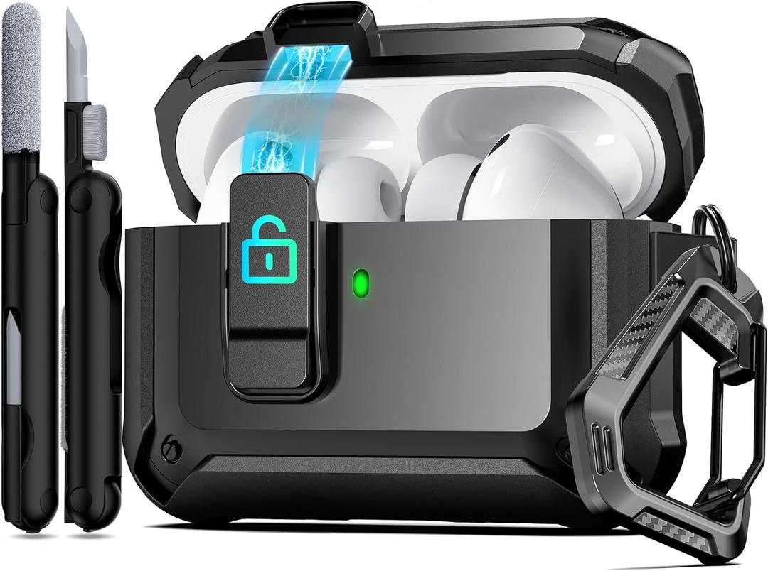 RFUNGUANGO AirPods Pro 3 Case (2025) with Safety Lock and Automatic Pop-up, Compatible with Airpods Pro 3rd Generation Case, Magnetic Lid, Compatible MagSafe, Hard Shockproof Protective Case,Black