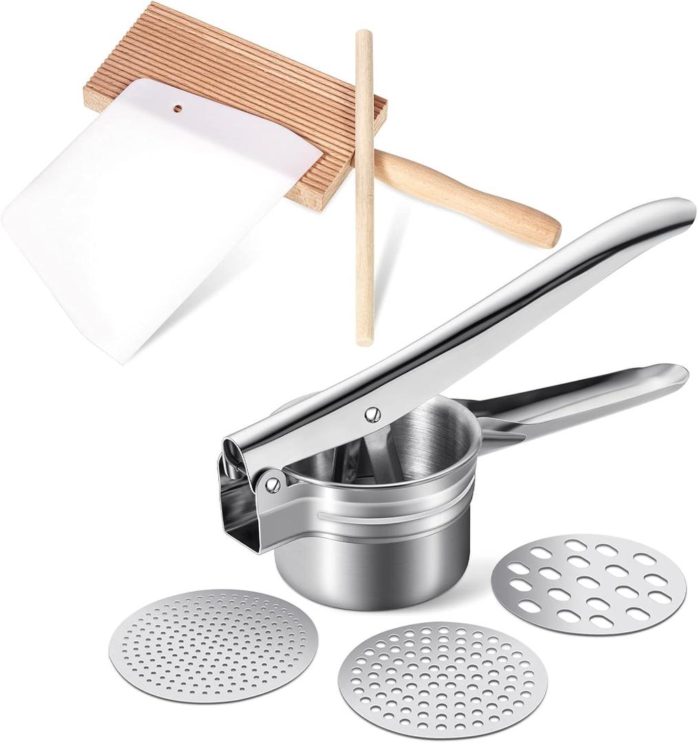 4 Pieces Gnocchi Board Set, Includes Plastic Trapezoidal Baking Scraper, Gnocchi Pasta Board Stripper Paddle, Dowel Wood Rolling Pin, Stainless Steel Potato Ricer Masher with 3 Interchangeable Discs