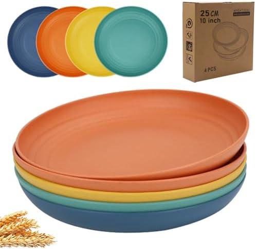 K Y KANGYUN 10 Inch Unbreakable Wheat Straw Dinner Plates, Set of 4 - Dishwasher Safe, Perfect for Camping and Dinner Dishes, BPA Free, Classic Bright