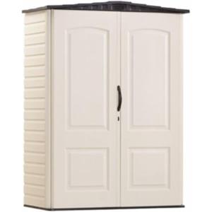 Rubbermaid Small Vertical Resin Outdoor Storage Shed With Floor (2.3 x 4.6 Ft), Weather Resistant, Beige/Brown, Organization for Home/Backyard/Pool Chemicals/Toys/Garden Tools/Porch/Patio Cushions