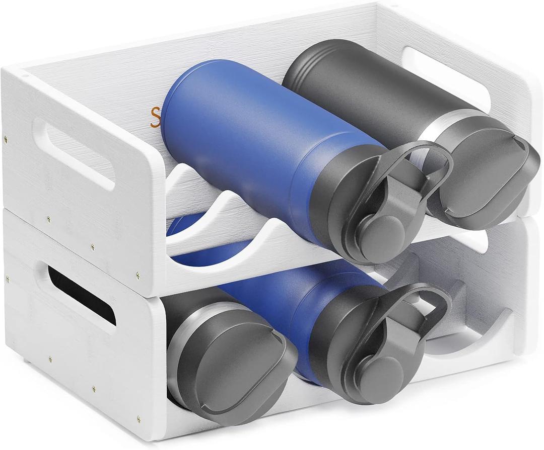 SpaceAid Bamboo Water Bottle Organizer with Labels, Kitchen Pantry Storage Rack for Cabinets, Home Cup and Wine Bottle Holder Shelf Organizers, 2 Pack 3-Slot, White