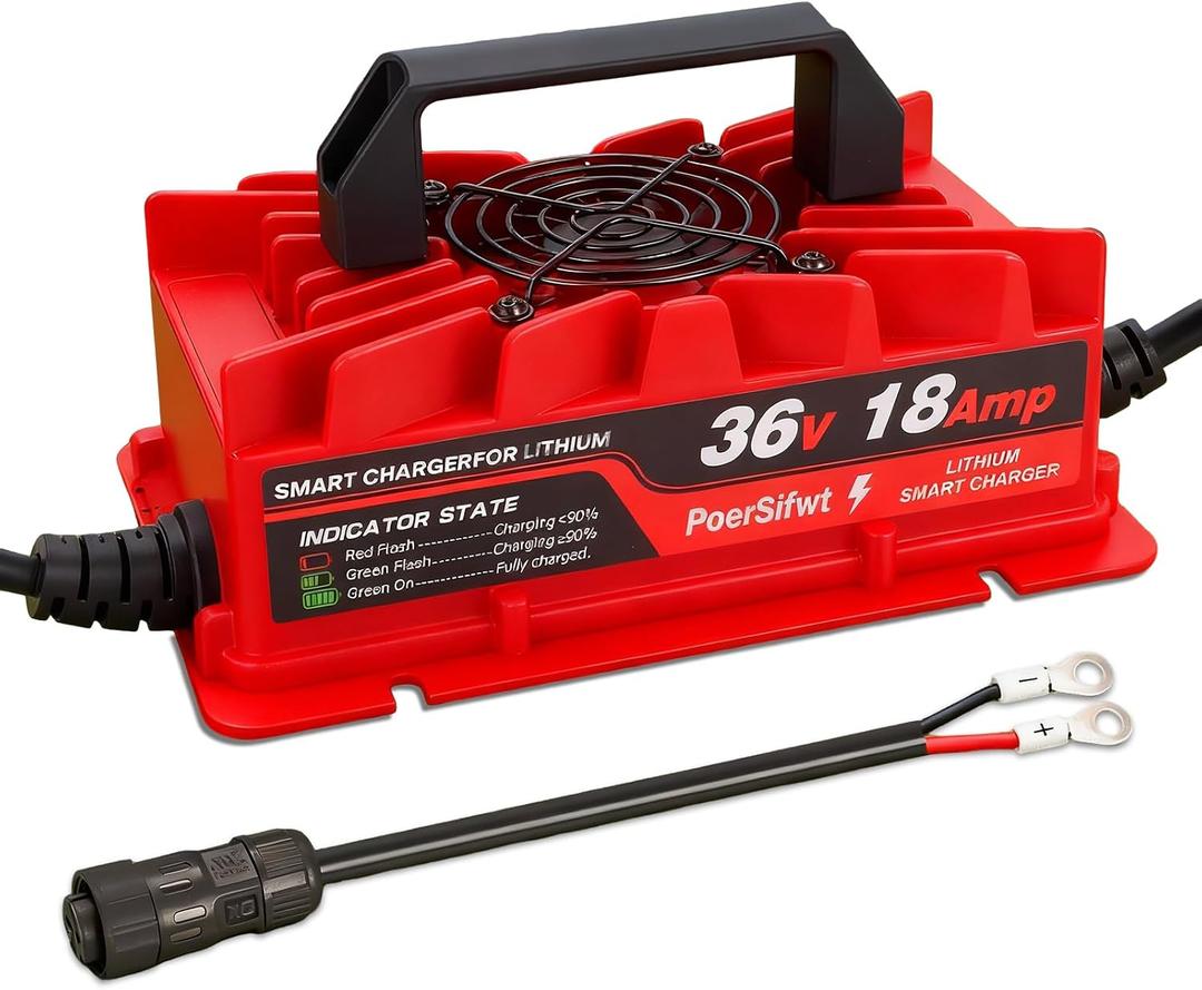 43.8V 18A Lithium Battery Charger, IP65 Waterproof, for 36V (38.4V) LiFePO4 Battery, Ideal for Golf Carts, RVs, and 36V Trolling Motors, Red