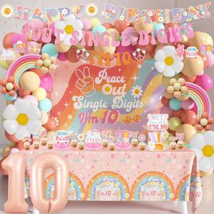 10th Birthday Decorations for Girl, Peace Out Single Digits Party Decor Groovy 10th Birthday Decor Boho I'm 10 Backdrop Banner Tablecloth Cake Topper Honeycomb Centerpieces Hanging Swirls Balloons Set