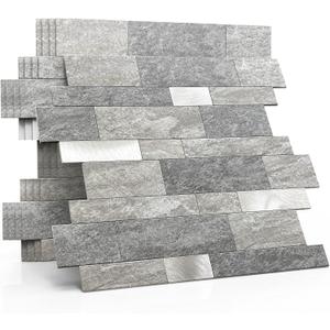 MOFIT Backsplash Tile for Kitchen Peel and Stick Stone Matte Finish,Bathroom Tiles Stickers 3D Wall Panel Linear Mosaic Marble Backsplash Waterproof (5sheets,Gray Silver)