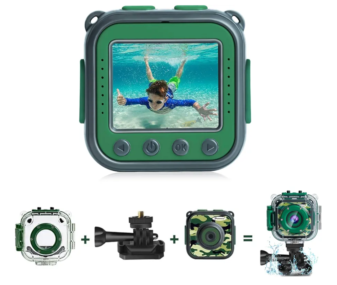 PROGRACE Kids Waterproof Camera - Birthday for 3-12 Year Old Boys 1080P HD Underwater Video Camera for Kids Pool Toys Toddler Digital Cameras with 32GB SD Card Green