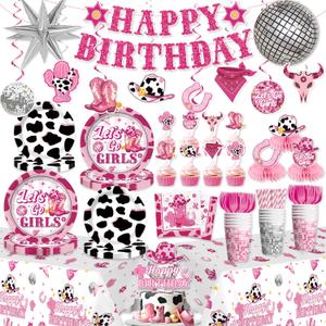 Cowgirl Birthday Party Decorations Pink Western Girl Banner Cake Decorations Disco Cowgirl Plates and Napkins Set for Rodeo Hot Pink Let's Go Girls Party Supplies