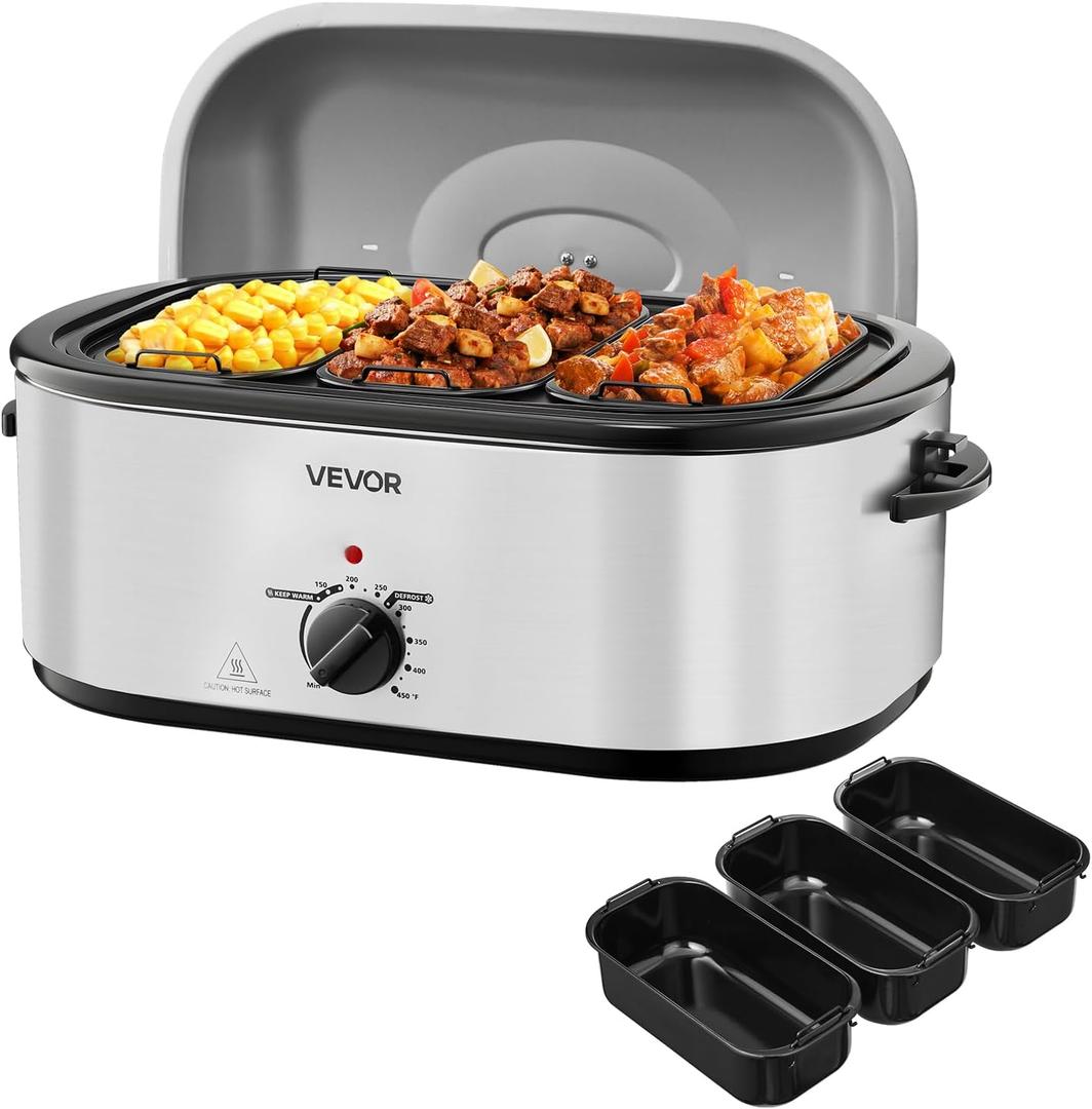 VEVOR Roaster Oven, 24QT Electric Turkey Roaster Oven, 150-450 Adjustable Temperature Electric Roasting Pan with 3 Bin Buffet Server, Self-Basting Lid, Defrost & Warm Function, Self-Basting Lid (Silver)