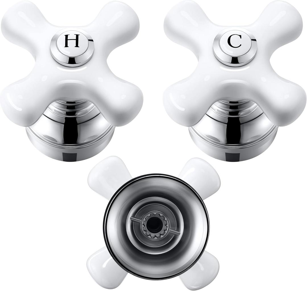 Enhon 2 Pcs Handle Set, Cross Arm Handle Compatible with Price Pfister Shower Valve, Hot and Cold, Fits 12 Point Broach Stem, Chrome Finish White
