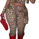 Cheetah Print 2 Piece Set for Women Sleeveless Leopard Print Cropp Top Bodycon Pant Outfit with Lace Y2K Club Tracksuit (L)
