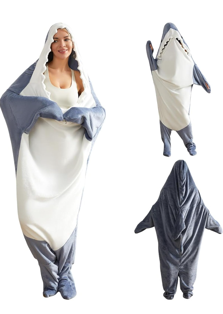 Wearable Shark Blanket Hoodie, Soft Warm Fleece Costume Onesie Pajamas, Hooded Sleeping Bag, Gifts for Men Women Adults Kids S