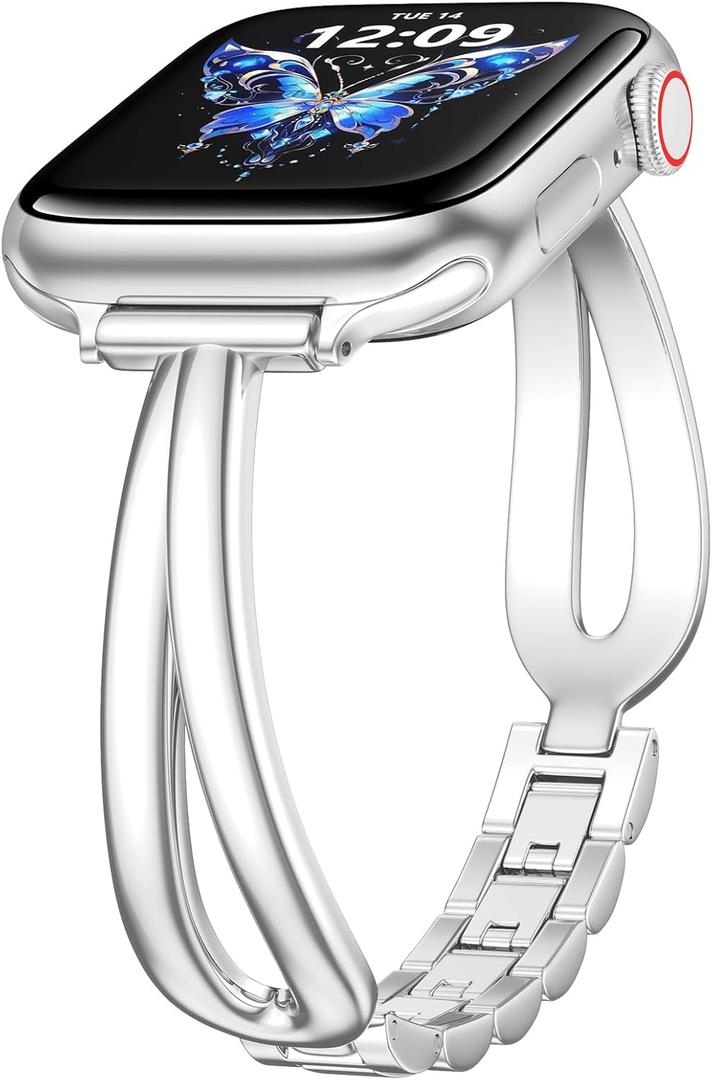 KOREDA Slim Gold Band Compatible with Apple Watch 38mm 40mm 41mm 42mm 44mm 45mm 46mm Women, Thin Metal Dressy Jewelry Bracelet for iWatch Bands Series 11 10 9 8 7 6 5 4 3 SE (Silver)