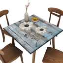 Elastic Edge Fitted Square Tablecloth, Teal and White Daisy Flower Polyester Table Cloth , for Indoor Restaurant or Outdoor Patio Party Dining, Fit for 36" x 36" Square Table