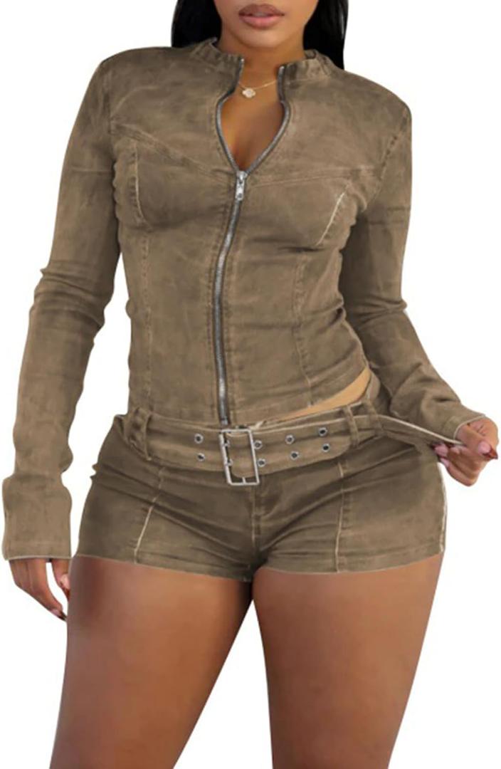 Molilove Women's Two Piece Set Denim Outfits Long Sleeve Zip Up Cropped Jean Jacket Bodycon Shorts Sets with Belt Y2K Outfits (Large, Camel)