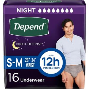 Depend Night Defense Adult Incontinence Underwear for Men, Disposable, Overnight, Small/Medium, Grey, 16 Count, Packaging May Vary