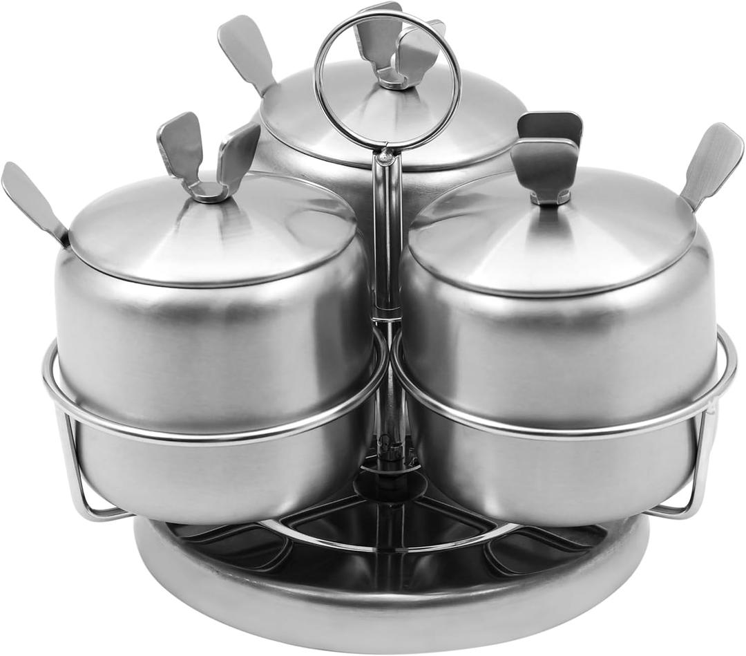 3pcs Revolving Sugar Bowl with Lid and Spoon, Stainless Steel Seasoning Condiment pots Rotating Spice Jar Set with Rack Spice Container for Home and Kitchen (3pcs Revolving Style)