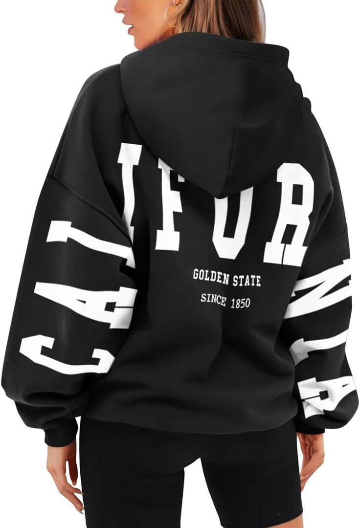 ORANDESIGNE Womens Letter Print Hoodies Fleece Graphic Sweatshirts Long Sleeve Pullover Sweaters with Pocket (Small, California Black)