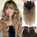 Hair Toppers for Women, 20 Inch Hand Tied Breathable Toppers Hair pieces for Women with Thinning Crown Wispy Bangs Mix Human Hair Clip in Curly Lightweight Wiglets (Mixed Brown to Blonde Dark Root)
