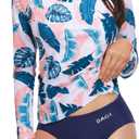 Daci Women 2 Piece Rash Guard Long Sleeve Zipper Bathing Suit with Bottom Built in Bra Swimsuit UPF 50 (Small)