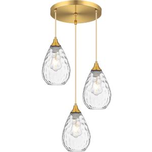 Brushed Gold 3-Light Pendant Lighting, Modern Dining Room Light Fixture Over Table with Hammered Glass, Cluster Hanging Lights for Kitchen Island Dining Room