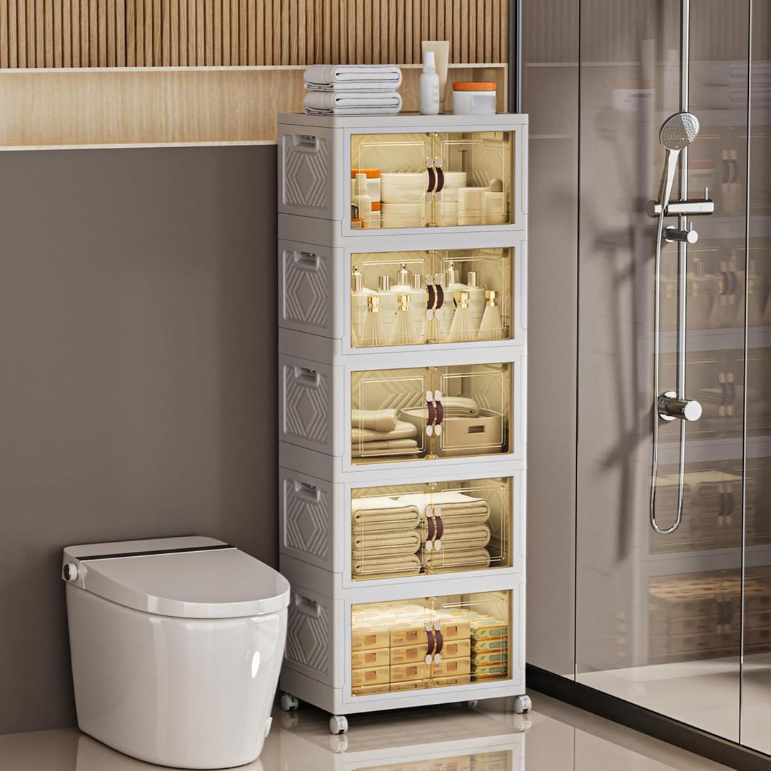 332 QT / 83 Gal White Storage Bins with 1 Lid - Collapsible Stackable Cabinet Organizer w/Wheels & Magnetic Doors, Plastic Storage Box for Office Closet Organization