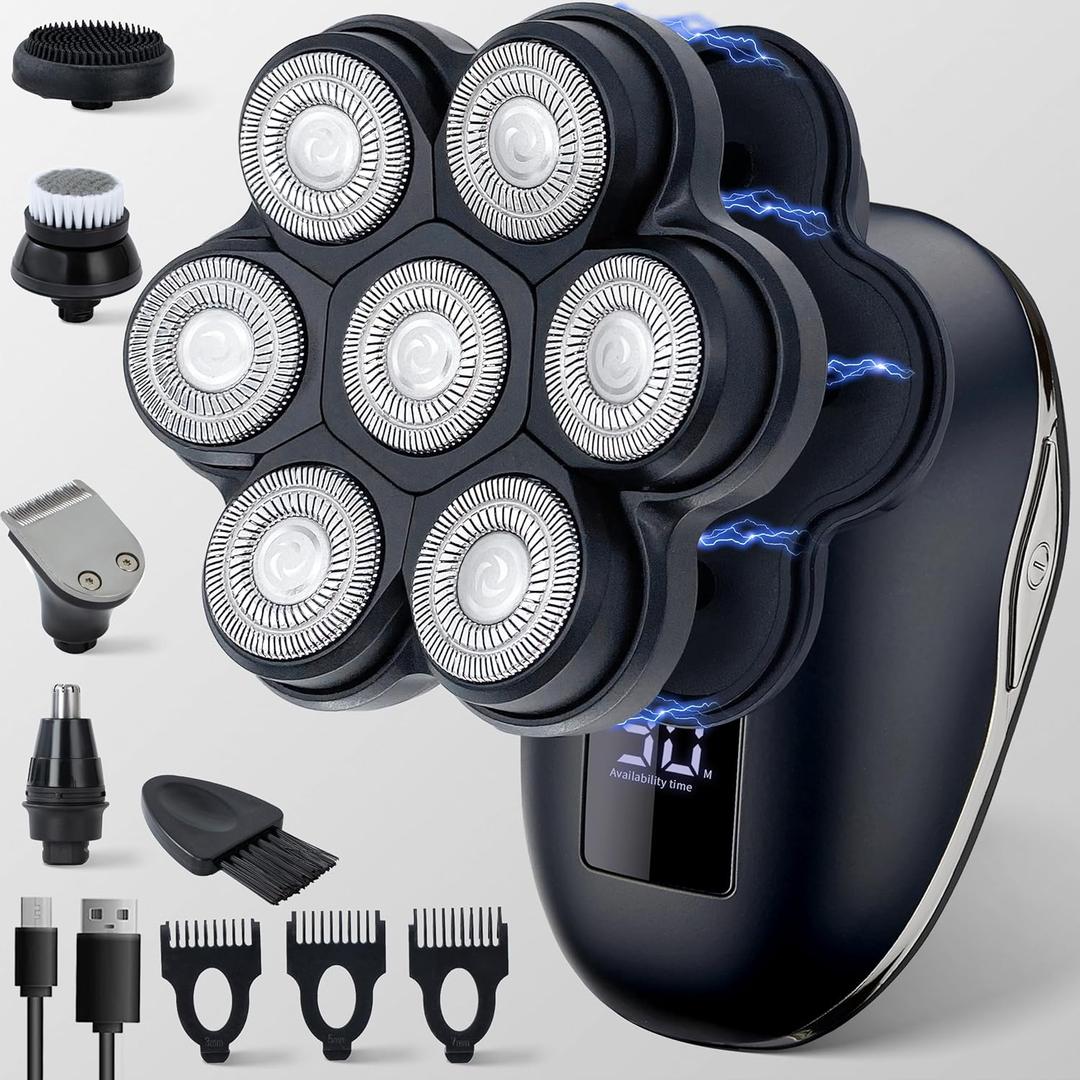 2025 New Upgrade Magnetic Head Shavers for Bald Men, Electric Razor for Men, Mens Shaving with Nose Hair Sideburns Trimmer, LED,Travle Lock (7d5, Black)