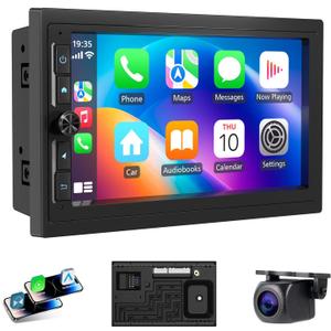 7" Double Din Car Stereo with Wireless Apple CarPlay/Android Auto, HD Touchscreen Car Radio with 2+32GB, Mirror Link, Backup Camera, GPS, WiFi, BT 4.1, FM/AM for All Vehicle