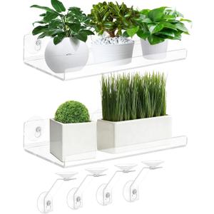 2 Pack 12 Inch Acrylic Window Boxes Plant Shelves, 6 Inch Extra-Wide Windowsill Extender – Features Suction Cups and Support Brackets for Succulents, Herbs, Seed Starting | Indoor/Outdoor Use, 12IN-2PC