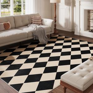 5x7 Washable Checkered Rugs for Bedroom, Black and Beige Area Rug for Living Room, Geometric Faux Wool Carpet for Kids, Girls, Boys Playroom, Dorm, Nursery, Dining Room, Kitchen, Non Slip