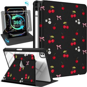 Uppuppy for iPad Pro M4/M5 Case 13 inch - 360 Degree Rotating Stand Folio Smart Cover with Pencil Holder for Women Girls, Cherry and Bow Flowers for iPad Pro 13 inch Case 2024 M4/2025 M5
