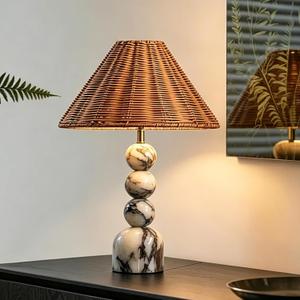 Calacatta Marble Table Lamp - Home Decor Hand Vintage Woven Rattan Shade,Side Table Stone Lamp for Bedroom Living Room, Counter, Console, Entryway House Warming Gifts New Home