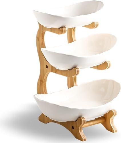 HOMKULA 2 Tier Ceramic Fruit Bowl for Kitchen Counter - Decorative Tiered Fruit Basket Holder Stand Organizer for Kitchen Countertop (White)