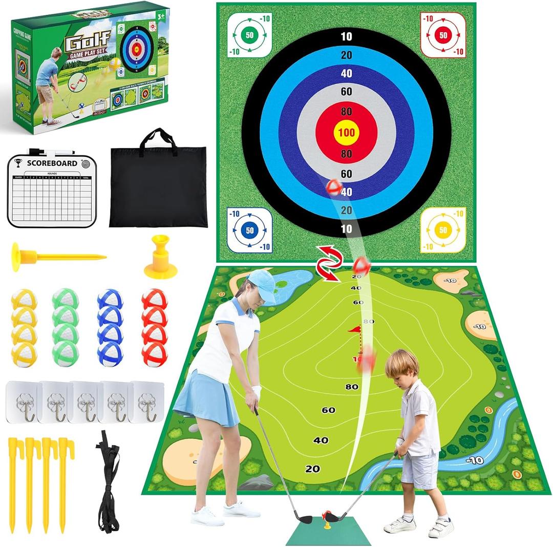 Jovizo Golf Chipping Game with Double-Sided Mat, 2 Adjustable Golf Clubs, 20 Sticky Balls, Outdoor Indoor Family Toss Game, Sport Toy Birthday Gift for Kids Adults