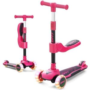 ZIFFY 2-in-1 Toddler Scooter with Seat, 3 Wheel Scooter for Kids 3-5 6-12, Foldable Light-Up Kid Scooters for Boy Girl 110 Lbs, Anti-Slip Deck, 3 Adjustable Height Handlebar, Kids Riding Toys by JOVA