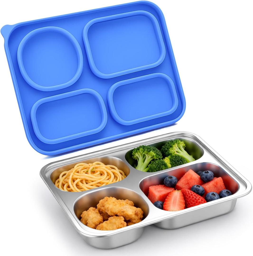 Palksky Stainless Steel Lunch Box for Kids, Metal Bento Box Container Leak-Proof, 4-Compartments To Go Food Containers with Lids(Blue)