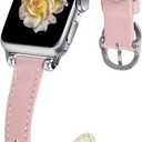 JOYOZY Slim Leather Band for Women Compatible with Apple Watch 49MM 45MM 44MM 42MM 41MM 40MM 38MM, Cute Fancy Top Genuine Leather Strap for iWatch Ultra, Series SE/9/8/7/6/5/4/3/2/1 (Pink/Silver)