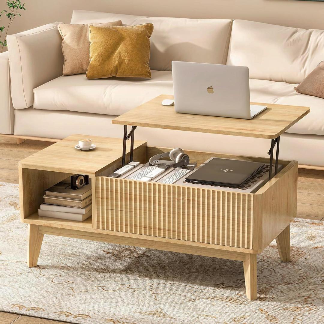 LYNCOHOME Fluted Lift Top Coffee Table with Storage, Modern Coffee Table for Living Room, Home Office(Natural), 18.9''D x 37.4''W x 16.2''H