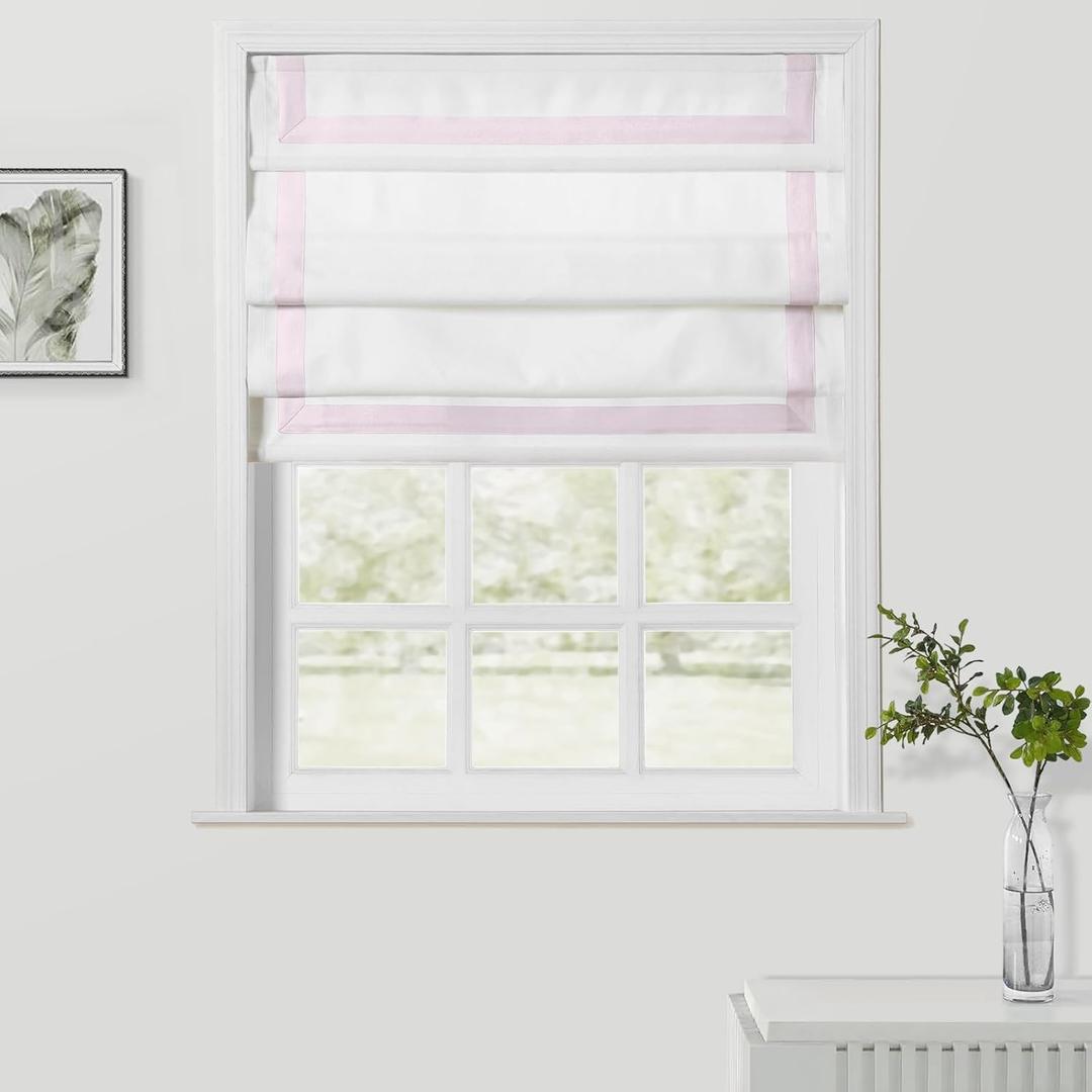 ChadMade Cordless Pink Trimmed Border Roman Shade Window Treatment, Install Hardware Included, Custom Made Light Filtering Roman Blind for Bedroom, 1 Panel, White (Pink Border)