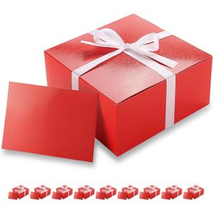PACKHOME 10 Red Gift Boxes 8x8x4 Inches, Christmas Gift Boxes, Paper Gift Boxes with Lids for Gifts, Crafting, Cupcake Boxes, with Greeting Cards and Satin Ribbons Glossy with Grass Texture