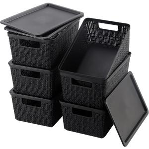 6 Pack Plastic Storage Baskets With Lids,Black Breathable Stackable Storage Bins,Small Storage Containers,for Organizing Storage Baskets on Desktops,Closets,Playrooms,Classrooms,Offices (9.8"D x 6"W x 4.8"H)