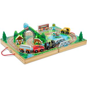 Melissa & Doug 17-Piece Wooden Take-Along Tabletop Railroad, 3 Trains, Truck, Play Pieces, Bridge - FSC Certified