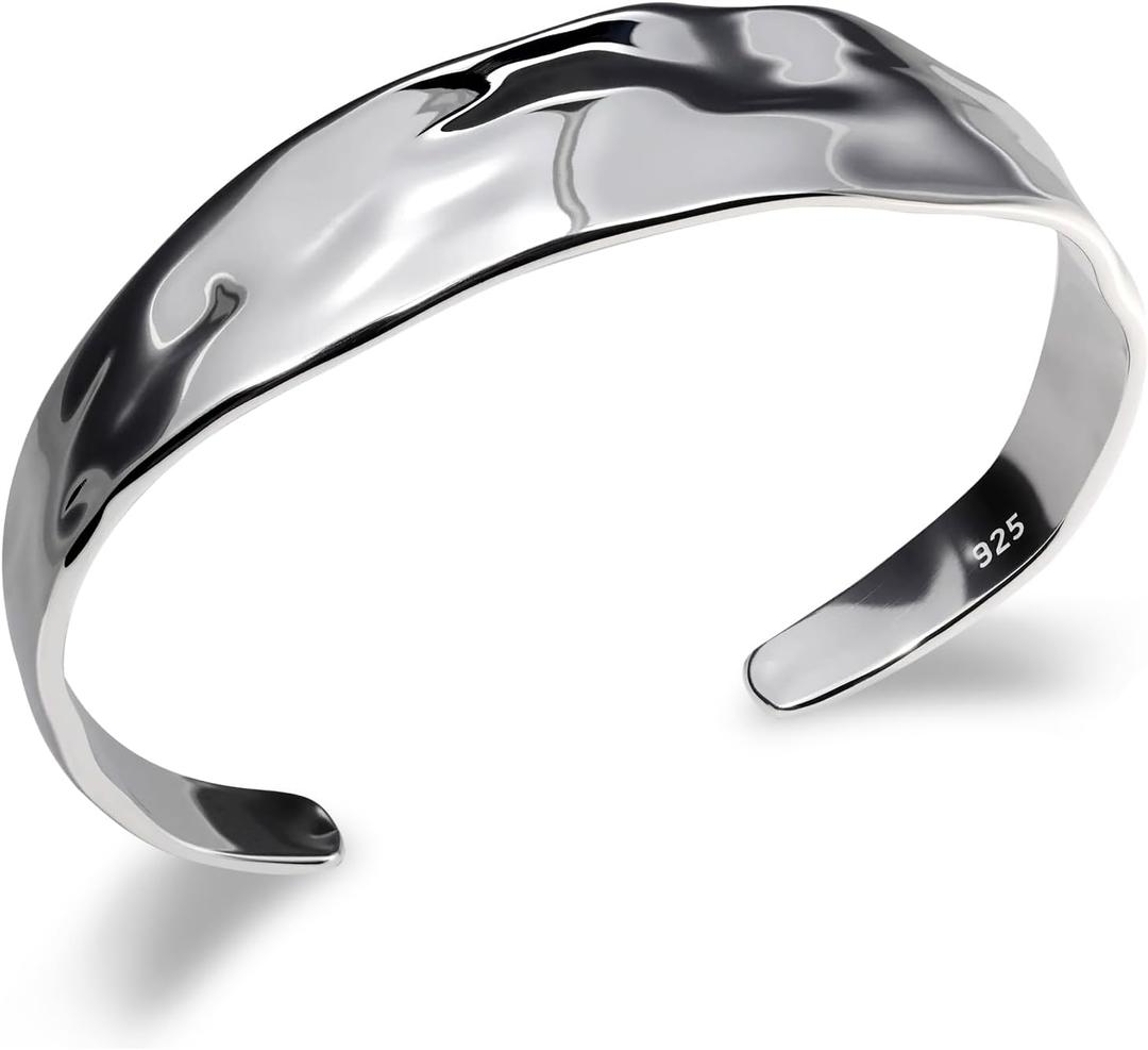 Silver Thin Cuff Bracelet Vintage Hammered Texture Style Statement Open Bangle Chunky Bracelets for Women